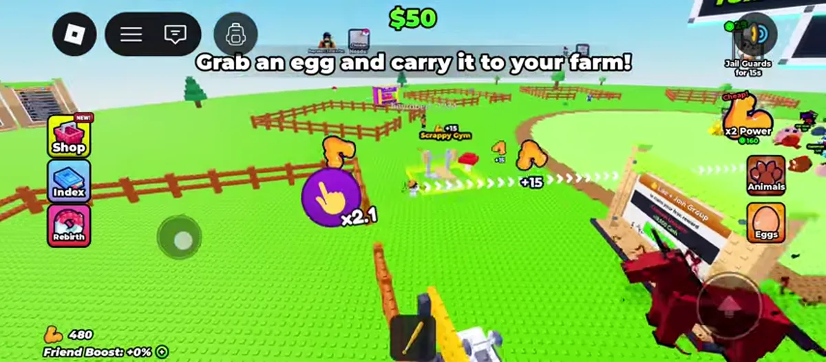 Opening farm view with the instruction to grab an egg and carry it home.