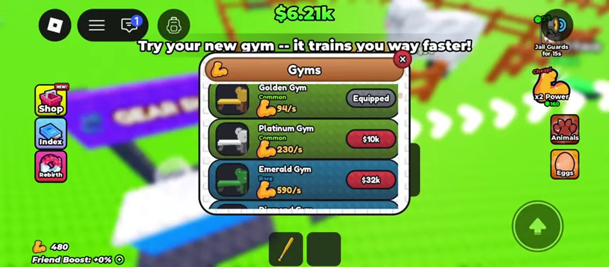 Gyms menu showing Golden equipped, plus Platinum and Emerald prices and training rates.